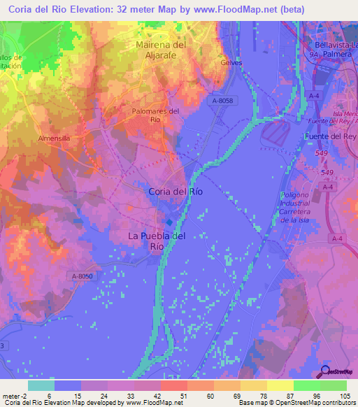 Coria del Rio,Spain Elevation Map