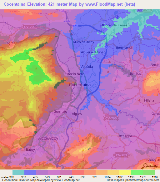 Cocentaina,Spain Elevation Map