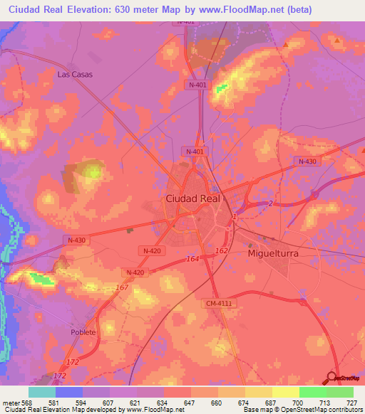 Ciudad Real,Spain Elevation Map