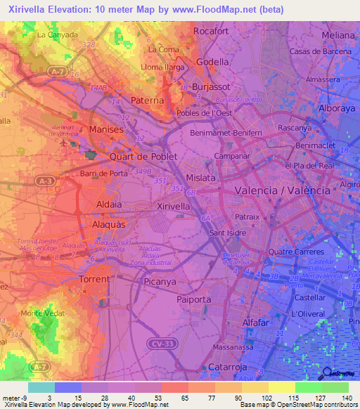 Xirivella,Spain Elevation Map