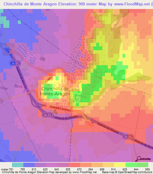 Chinchilla de Monte Aragon,Spain Elevation Map