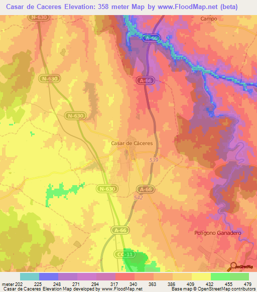 Casar de Caceres,Spain Elevation Map