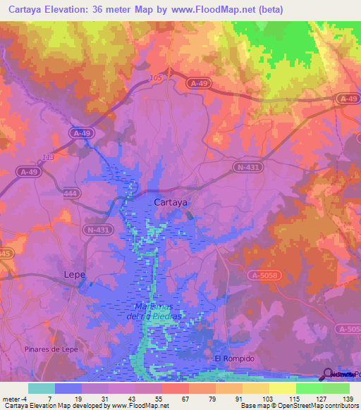 Cartaya,Spain Elevation Map