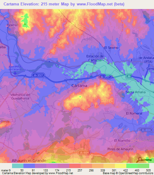 Cartama,Spain Elevation Map