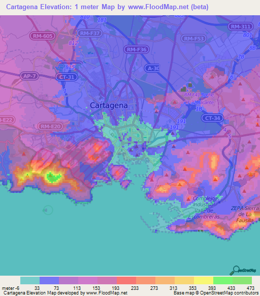 Cartagena,Spain Elevation Map