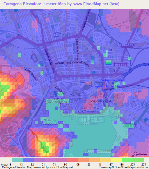 Cartagena,Spain Elevation Map