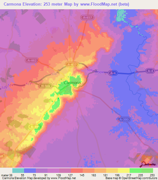 Carmona,Spain Elevation Map
