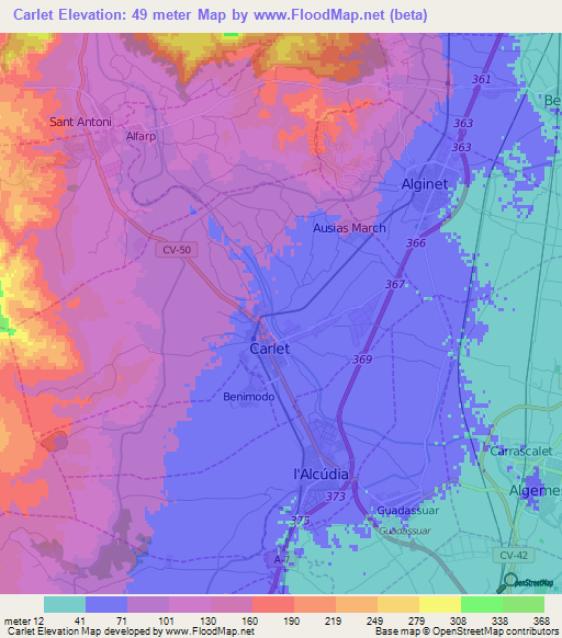 Carlet,Spain Elevation Map
