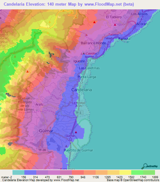 Candelaria,Spain Elevation Map