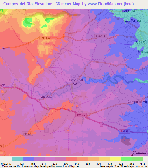 Campos del Rio,Spain Elevation Map