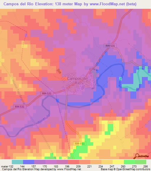 Campos del Rio,Spain Elevation Map