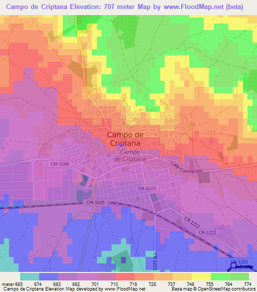 Campo de Criptana,Spain Elevation Map