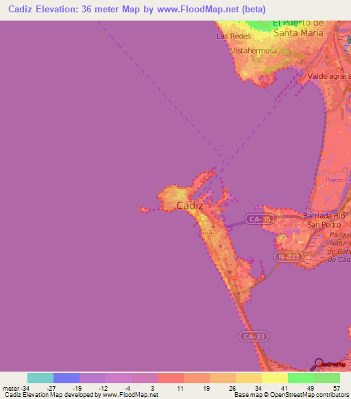 Cadiz,Spain Elevation Map