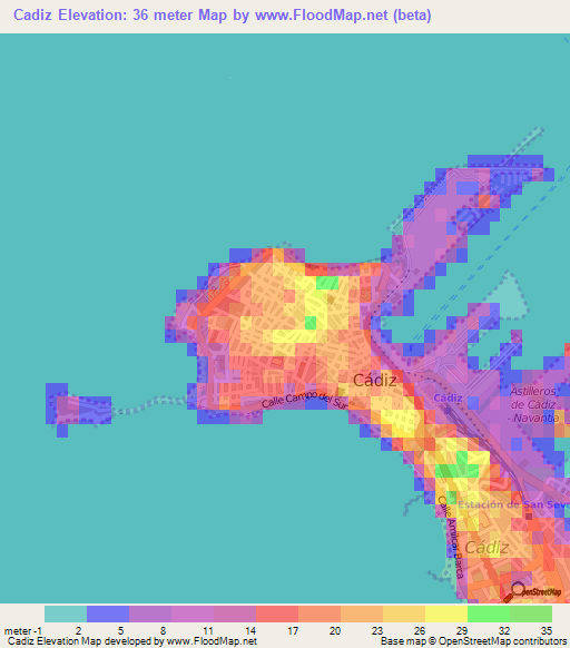 Cadiz,Spain Elevation Map