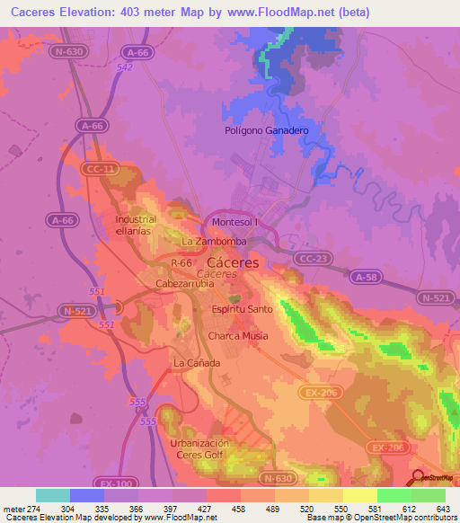 Caceres,Spain Elevation Map