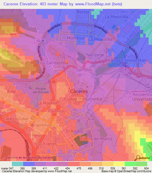 Caceres,Spain Elevation Map