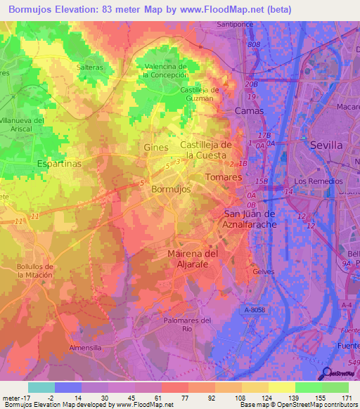 Bormujos,Spain Elevation Map