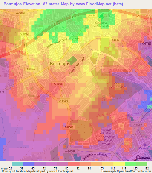 Bormujos,Spain Elevation Map