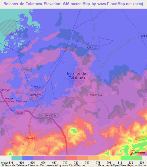 Bolanos de Calatrava,Spain Elevation Map