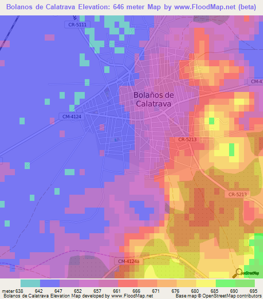 Bolanos de Calatrava,Spain Elevation Map