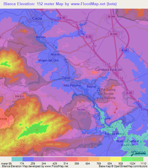 Blanca,Spain Elevation Map