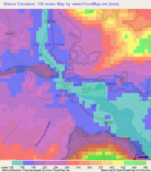 Blanca,Spain Elevation Map