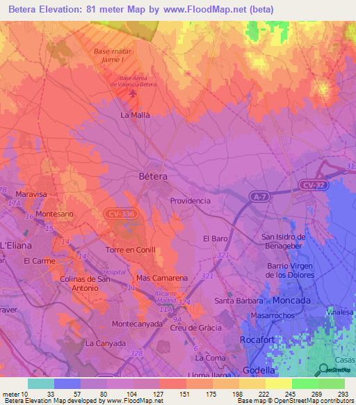 Betera,Spain Elevation Map