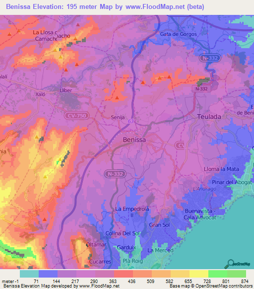 Benissa,Spain Elevation Map