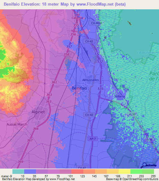 Benifaio,Spain Elevation Map