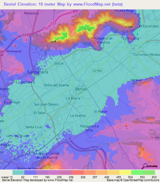 Beniel,Spain Elevation Map