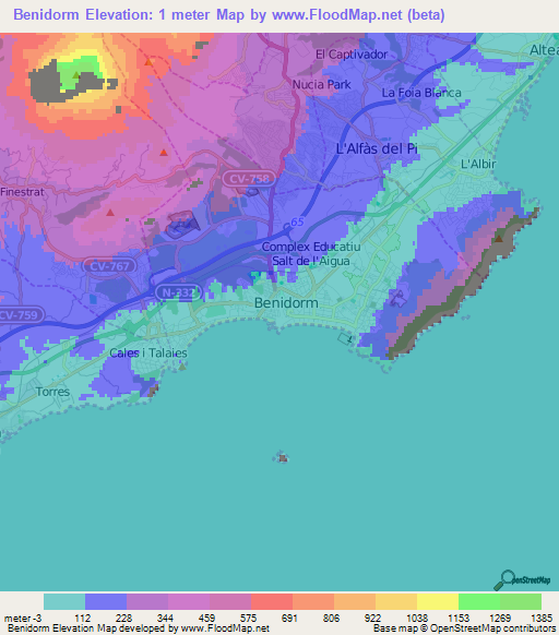 Benidorm,Spain Elevation Map