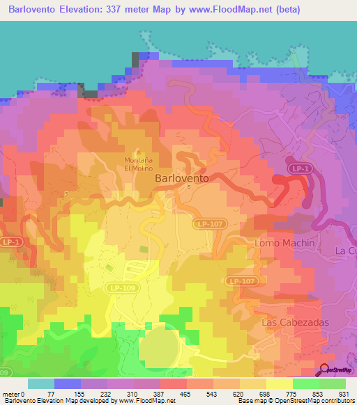 Barlovento,Spain Elevation Map