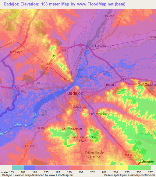 Badajoz,Spain Elevation Map