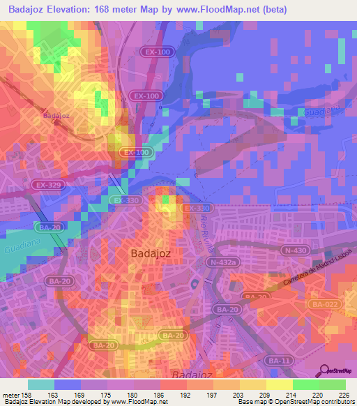 Badajoz,Spain Elevation Map