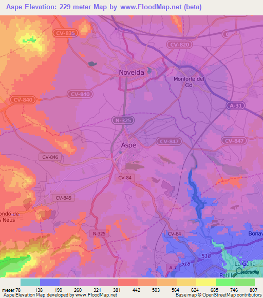 Aspe,Spain Elevation Map