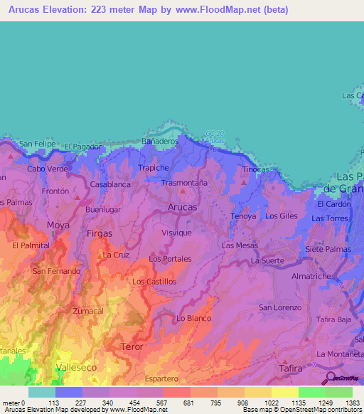 Arucas,Spain Elevation Map