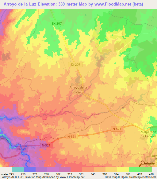 Arroyo de la Luz,Spain Elevation Map