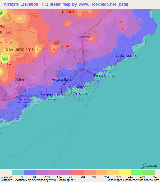 Arrecife,Spain Elevation Map