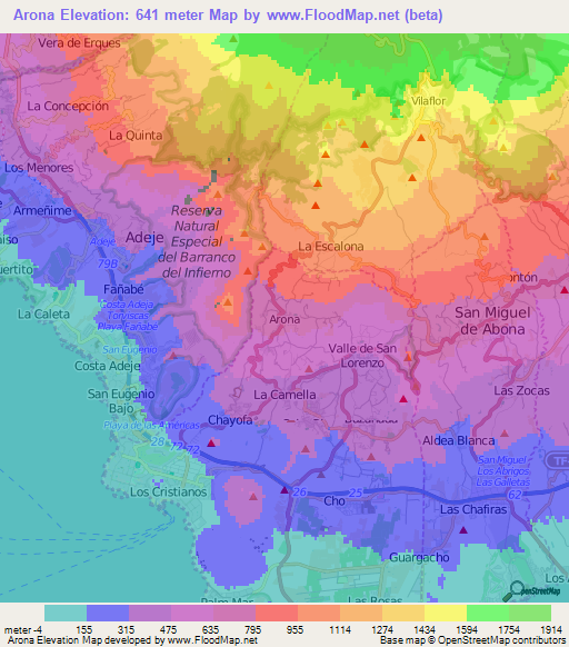 Arona,Spain Elevation Map