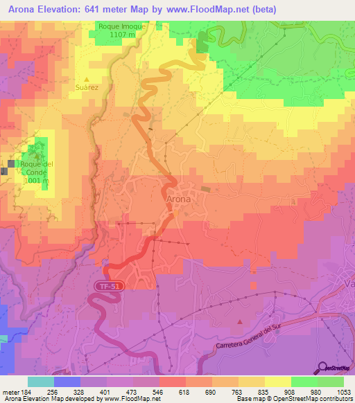 Arona,Spain Elevation Map