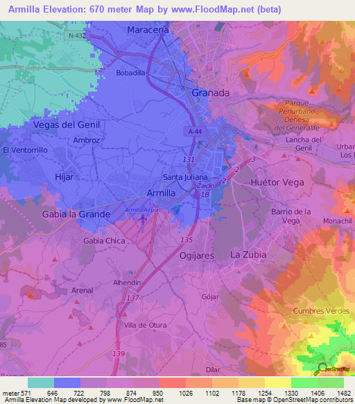 Armilla,Spain Elevation Map