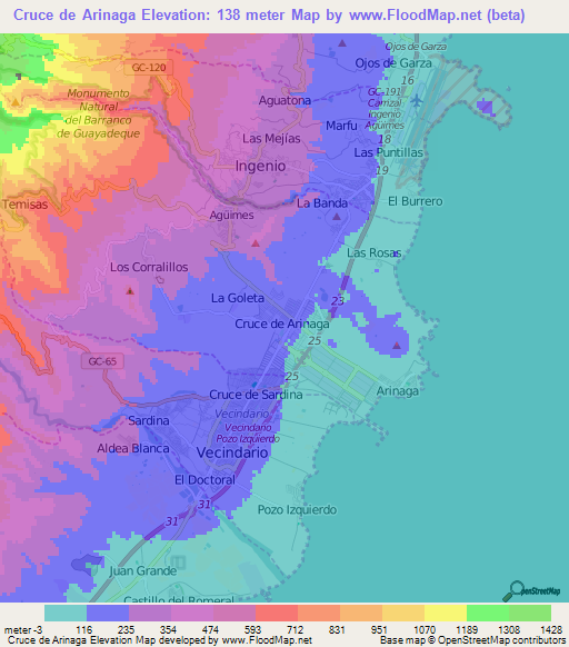 Cruce de Arinaga,Spain Elevation Map