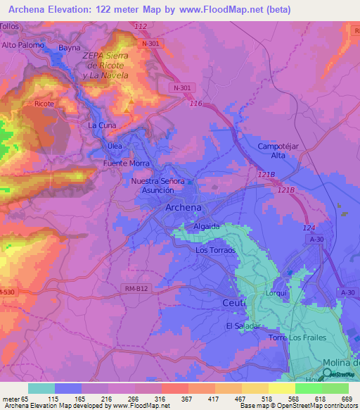 Archena,Spain Elevation Map