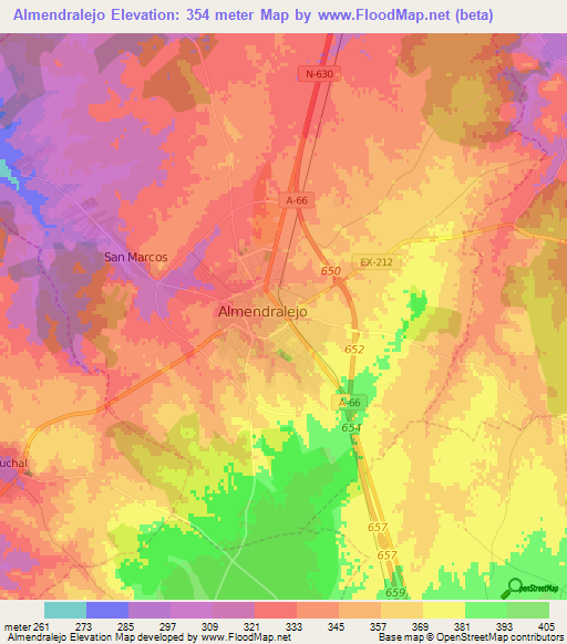 Almendralejo,Spain Elevation Map