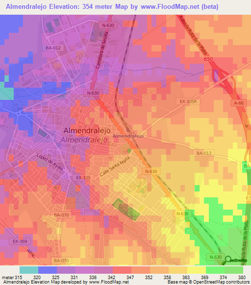 Almendralejo,Spain Elevation Map