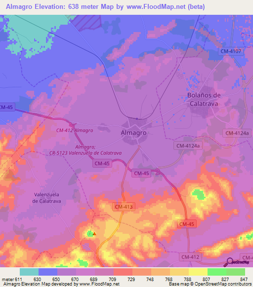 Almagro,Spain Elevation Map