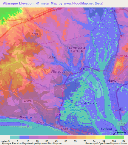 Aljaraque,Spain Elevation Map