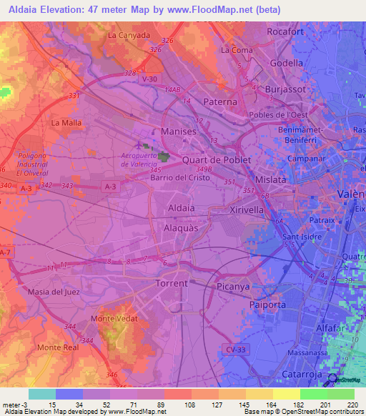 Aldaia,Spain Elevation Map