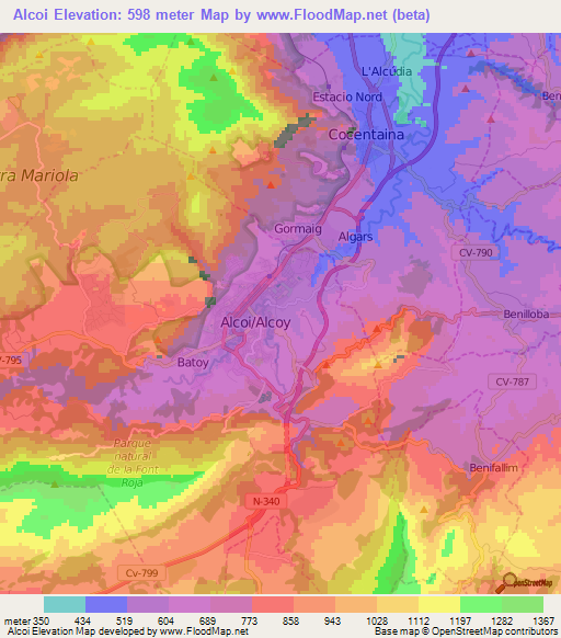 Alcoi,Spain Elevation Map