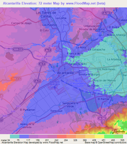 Alcantarilla,Spain Elevation Map